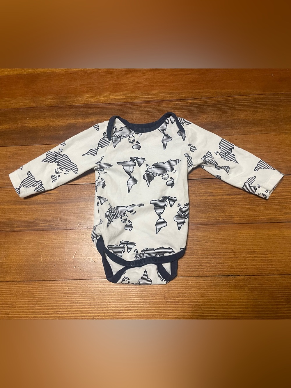 Monica + Andy Long-Sleeve Baby Bodysuit in White & Navy World Map Print Size 0-3